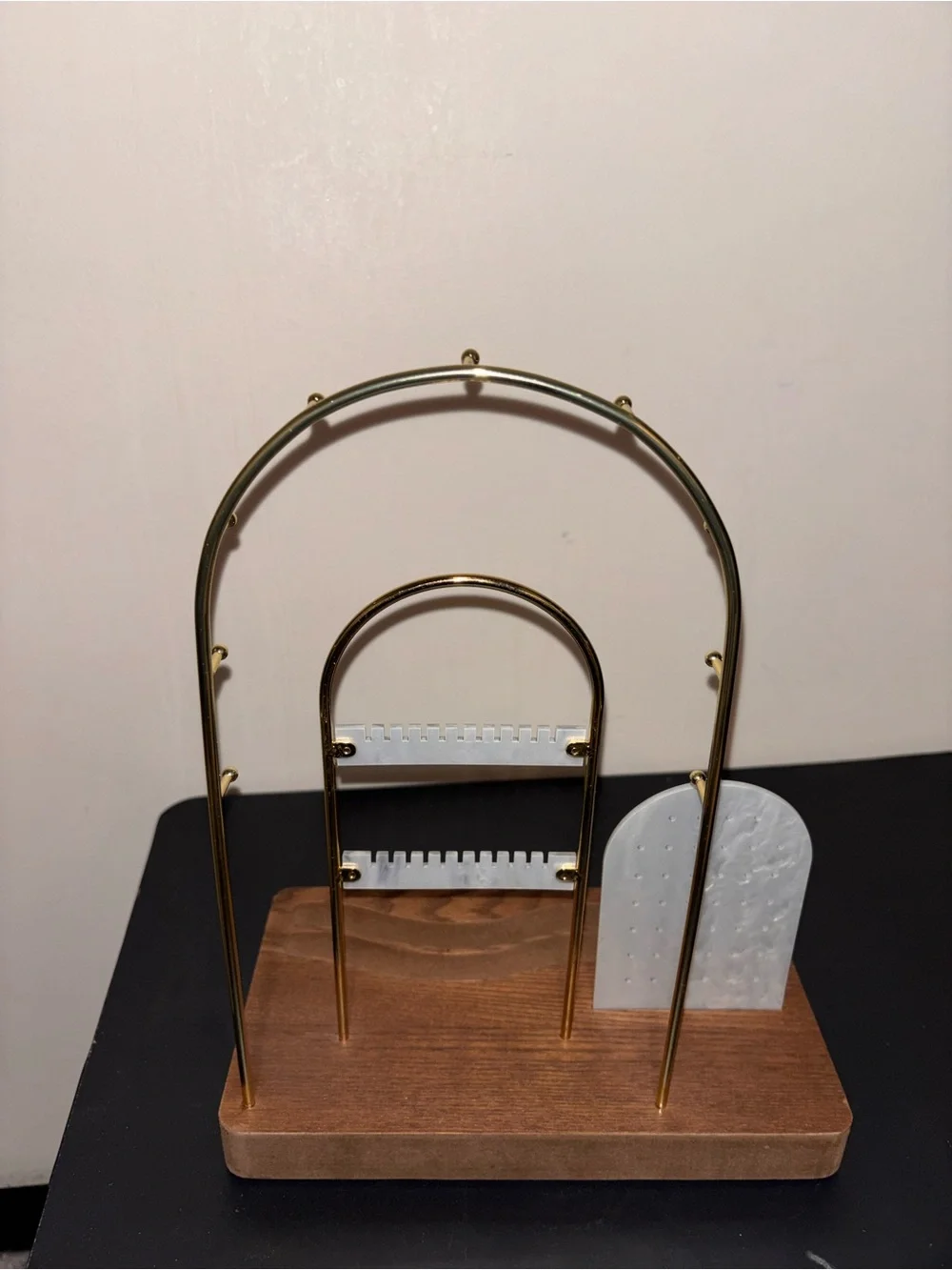 Brass & Wood Jewelry Stand with Pearl-Effect Accents